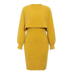 2pcs Knitted Dress Suit Fashion Solid Color Pullover Lantern-sleeved Sweater Fall Winter Women's Clothing