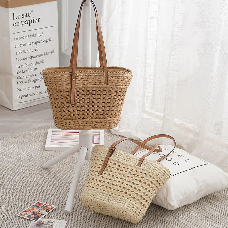 Large Capacity Fashion Urban Simple White Khaki Straw Braided shopper Beach Bag