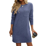 Casual New Solid Color Striped With Pockets Long Sleeve Loose Mini Dress Fashion Round Neck Straight Dress Women's Clothing