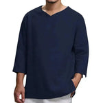 Loose Casual V-neck Top Cotton And Linen Long Sleeve Pullover Shirt Men's Shirt Top