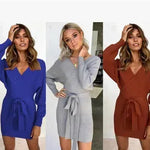 Autumn Winter Slim Fit V-neck Mini Wrap Sweater Dress