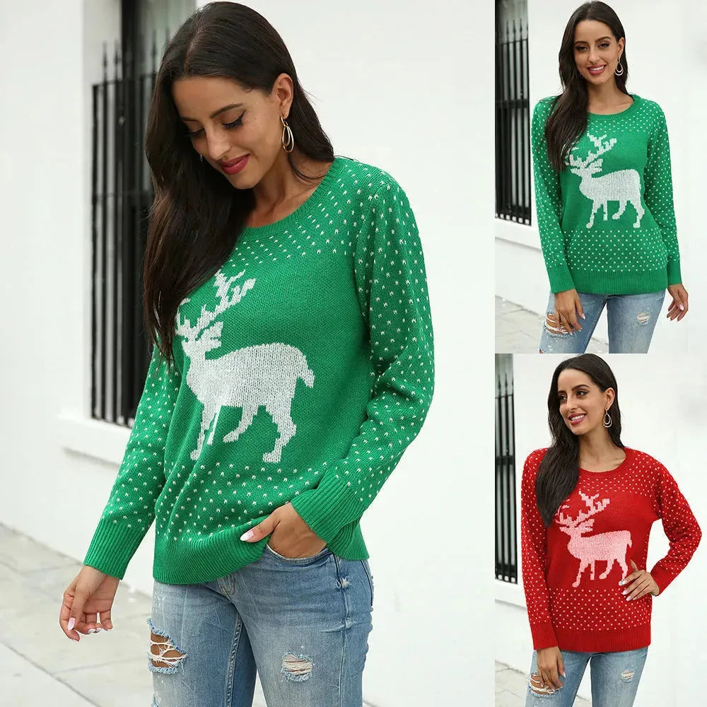 Fuwn Reindeer Jacquard Christmas Magione Round Neck Women