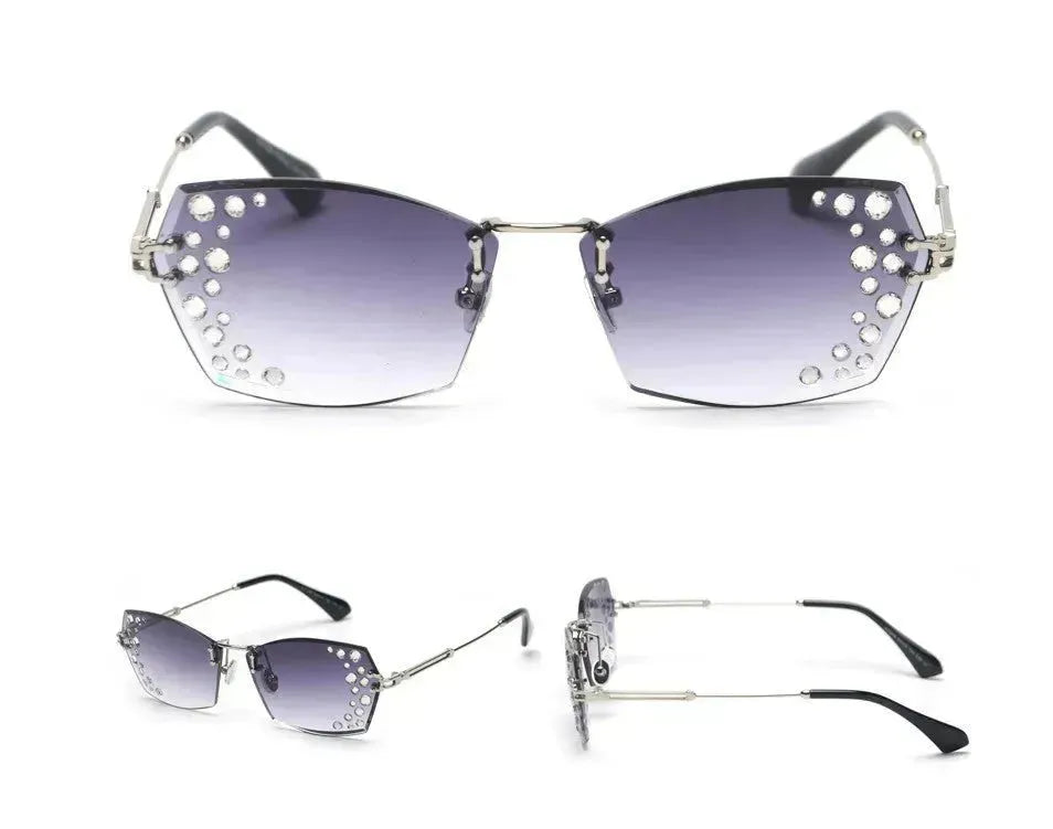 Fashion Trendy Classy sans cadre Lunettes de soleil coupées sans cadre pour les femmes avec des diamants flash miroir