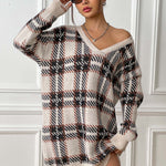 Fashion V-neck Plaid Dress Casual Loose Long-sleeved Dresses Autumn And Winter Women's Clothing