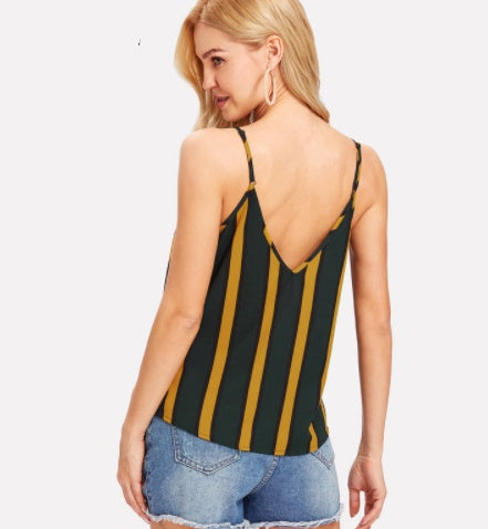 SHEIN Double V Neck Striped Cami Top Spaghetti Strap Casual Women Sexy Striped Top Summer Multicolor Backless Camisole Tops