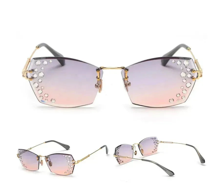 Fashion Trendy Classy sans cadre Lunettes de soleil coupées sans cadre pour les femmes avec des diamants flash miroir