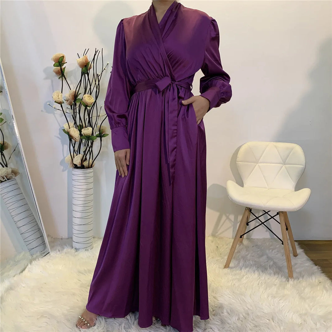 Elegant V-Neck Plain color Dubai Abaya  Turkey Satin Abaya for Muslim Women Middle East dress for Women