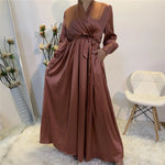 Elegant V-Neck Plain color Dubai Abaya  Turkey Satin Abaya for Muslim Women Middle East dress for Women