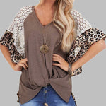 Leopard Patchwork Women Loose V-neck Tops Tee Batwing Sleeve Top Women Summer Short Sleeve