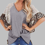 Leopard Patchwork Women Loose V-neck Tops Tee Batwing Sleeve Top Women Summer Short Sleeve