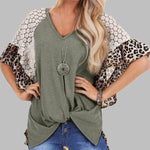 Leopard Patchwork Women Loose V-neck Tops Tee Batwing Sleeve Top Women Summer Short Sleeve