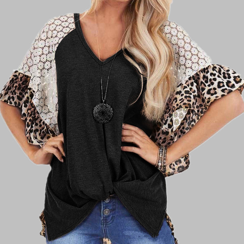 Leopard Patchwork Women Loose V-neck Tops Tee Batwing Sleeve Top Women Summer Short Sleeve