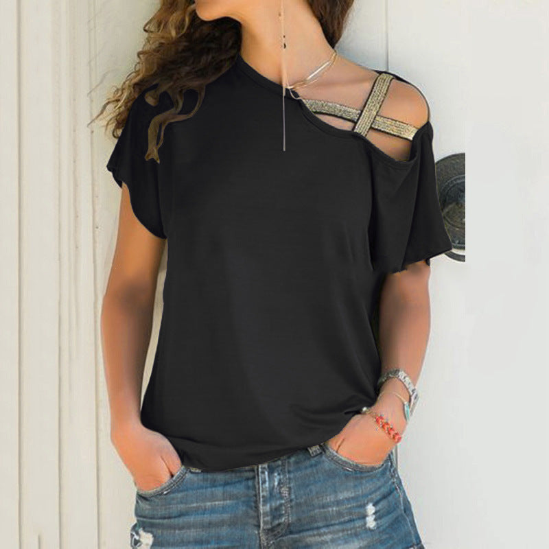 Women Skew Neck Summer Irregular Criss Cross Short Sleeves Sexy Off Shoulder Solid Tops Blusa Femme One Shoulder  Blouse