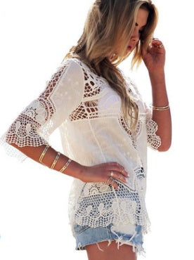 Jastie Bohemian Hollow Out Beach Cover Up Blouse Beach Shirt Women Crochet Lace Top Blusas mujer de moda Summer Shirt Tops