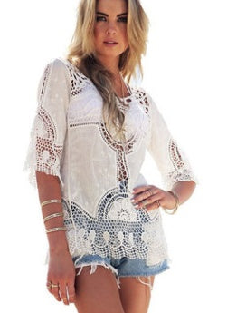 Jastie Bohemian Hollow Out Beach Cover Up Blouse Beach Shirt Women Crochet Lace Top Blusas mujer de moda Summer Tops