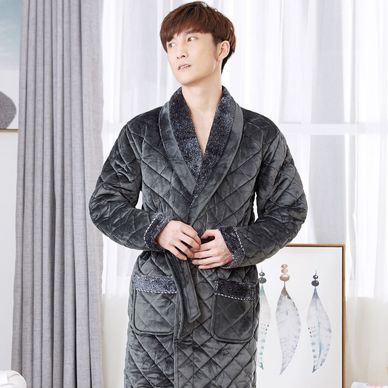 Winter Pajamas Men'S Winter Thickened Long Pajamas Plus Velvet Winter Sleepwear