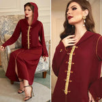 Dark Red Gold Trim Hand-sewn Diamond Hooded Robe Middle East Dubai Turkey  Southeast Asia Abaya Women's Clothing