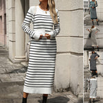 Slim Striped Printed Long Cashmere Dress  Autumn And Winter Long Sleeve Dresses For Women