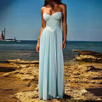 Luxury Blue Strapless Slimming Pleated Long Dress Elegant Tube Dress for Wedding Cocktail Evening Party Events.