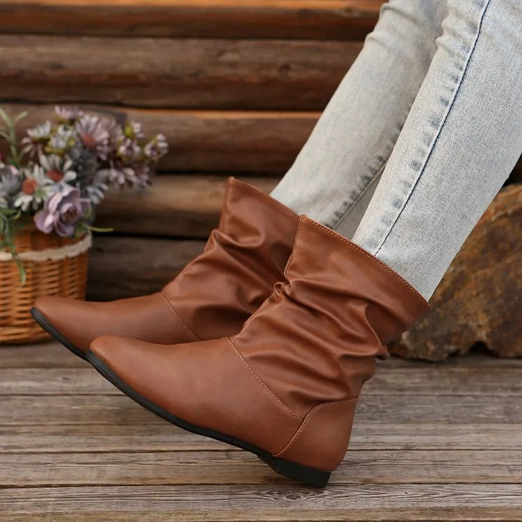 Fashion Round-toed Flat Boots Versatile Simple Slip-on Western Cowboy Boot Casual Short Shoes For Women