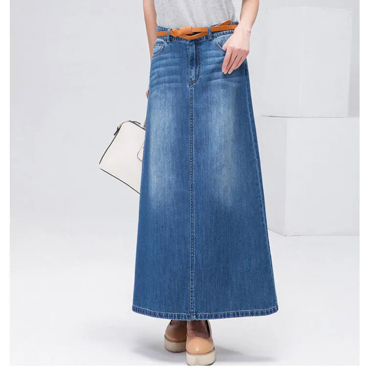 Frauen in Übergröße mit mittlerer Länge von Line Denim Rock Denim Long Rock Maxi Jean Rock