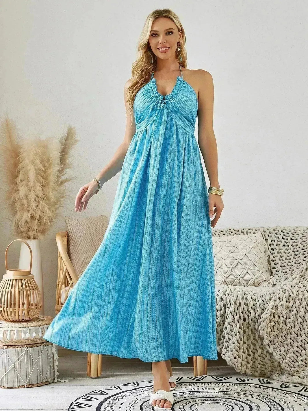 Vestido bohemio halter maxi - vestido de playa sin mangas sin mangas de verano para mujeres