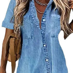 Best Women Loose Denim-like Printed Short-sleeved Shirt Jeans Denim Shirt dress Denim Top dress