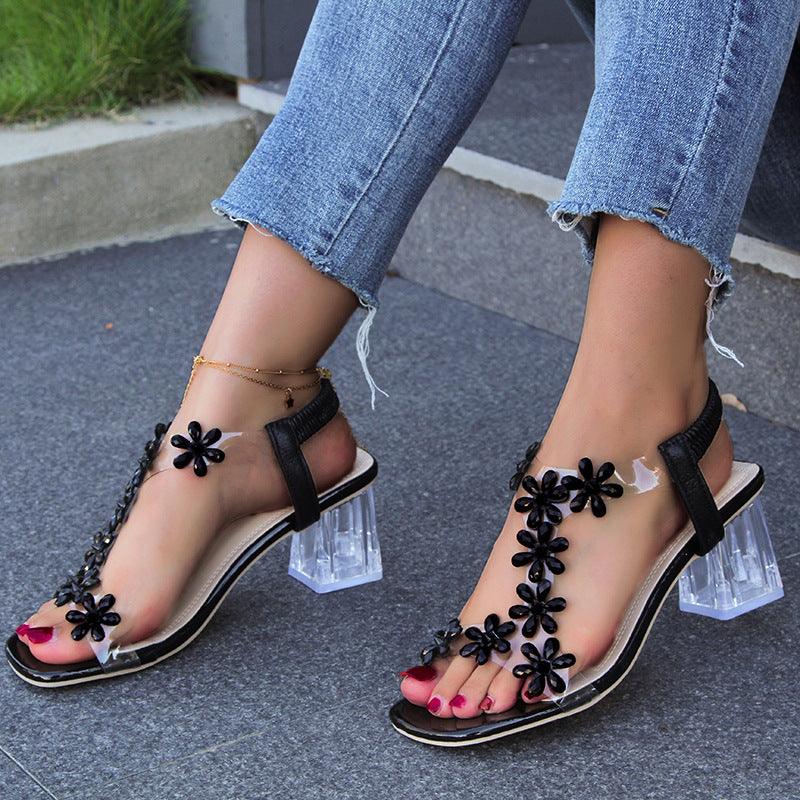 2024 Summer Fashion Flowers Sandals With Transparent High Square Heels Square Toe Shoes For Women - EX-STOCK CANADA
