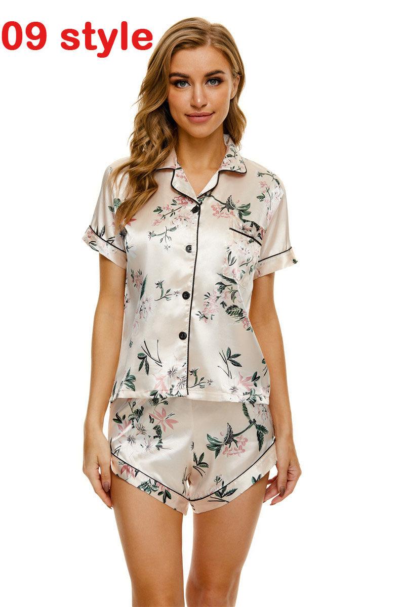 2024 Summer Satin Women Pajamas Print V-Neck Stretch Lingerie Sleepwear Casual Shorts Set Loungewear - EX-STOCK CANADA