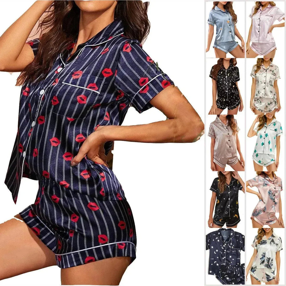 2024 Summer Satin Women Pajamas Print V-Neck Stretch Lingerie Sleepwear Casual Shorts Set Loungewear - EX-STOCK CANADA