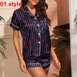 2024 Summer Satin Women Pajamas Print V-Neck Stretch Lingerie Sleepwear Casual Shorts Set Loungewear - EX-STOCK CANADA