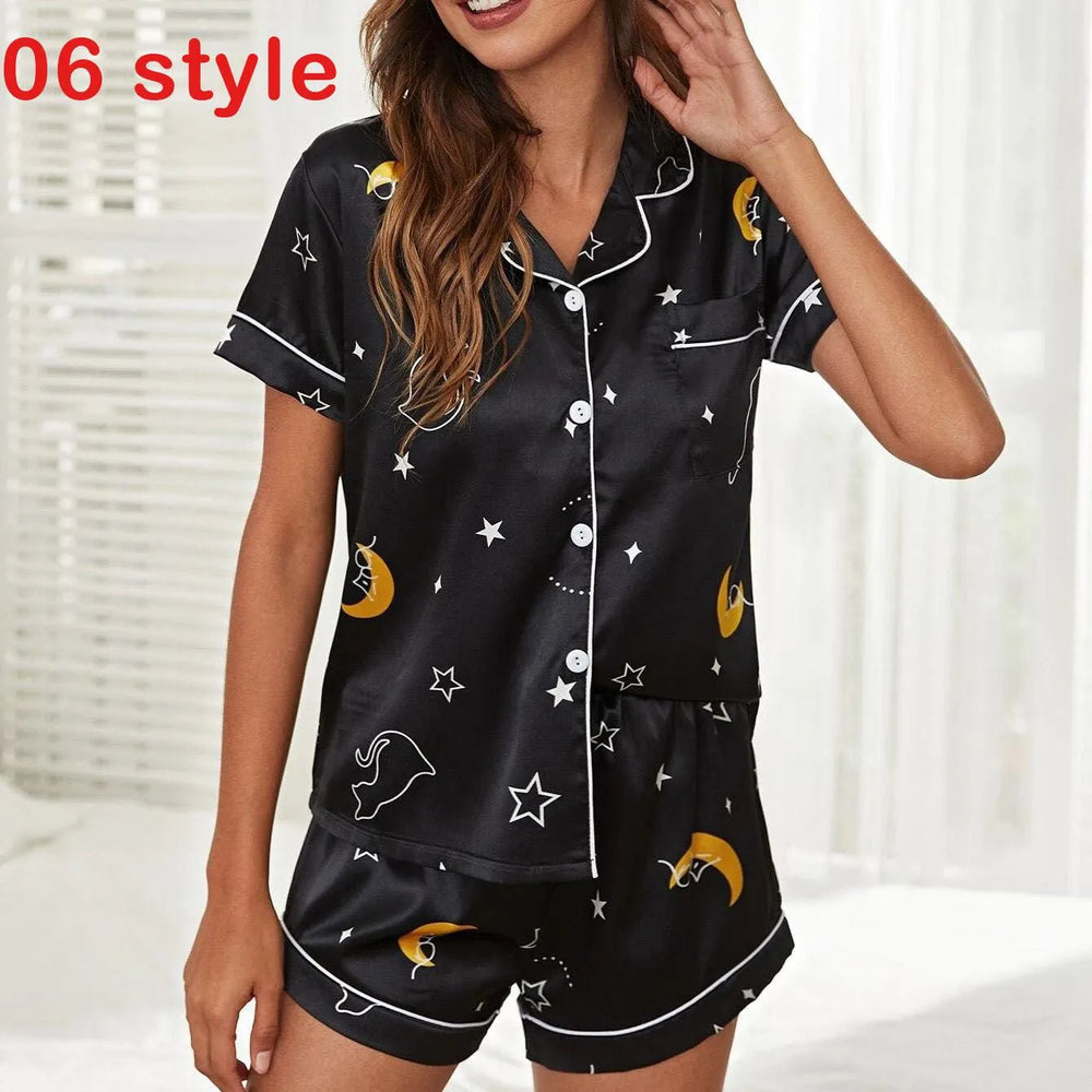 2024 Summer Satin Women Pajamas Print V-Neck Stretch Lingerie Sleepwear Casual Shorts Set Loungewear - EX-STOCK CANADA