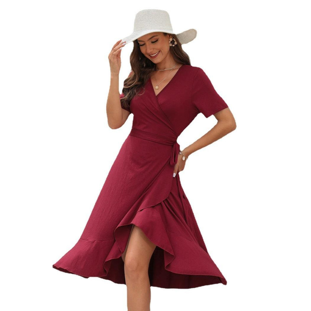 2024 Summer Solid Color Long Short Sleeve V-neck High Waist Tied Midi Dress - EX-STOCK CANADA