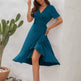 2024 Summer Solid Color Long Short Sleeve V-neck High Waist Tied Midi Dress - EX-STOCK CANADA