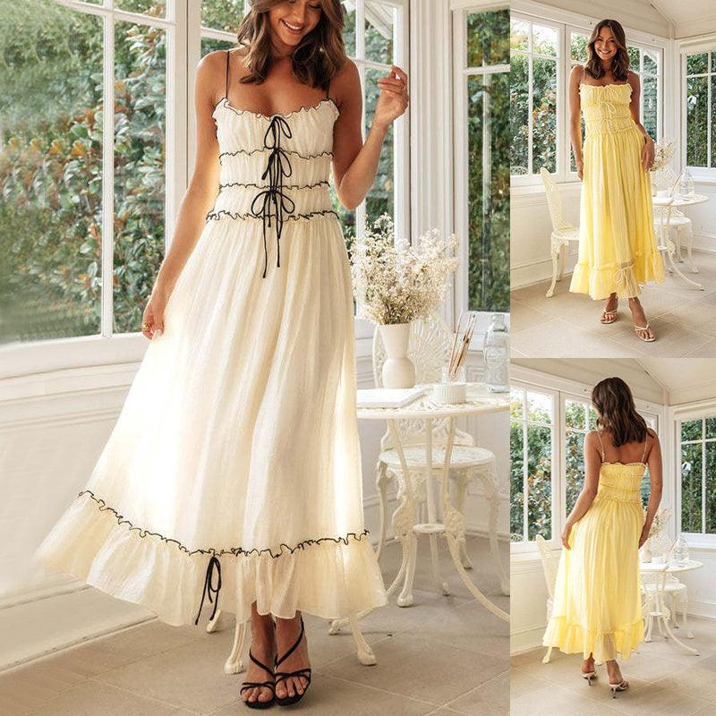 2024 Summer Suspender Spaghetti Strap Long Dresses With Bow Pleat Design Fashion Sweet Bow Beach Dress For Womens Clothing - EX-STOCK CANADA