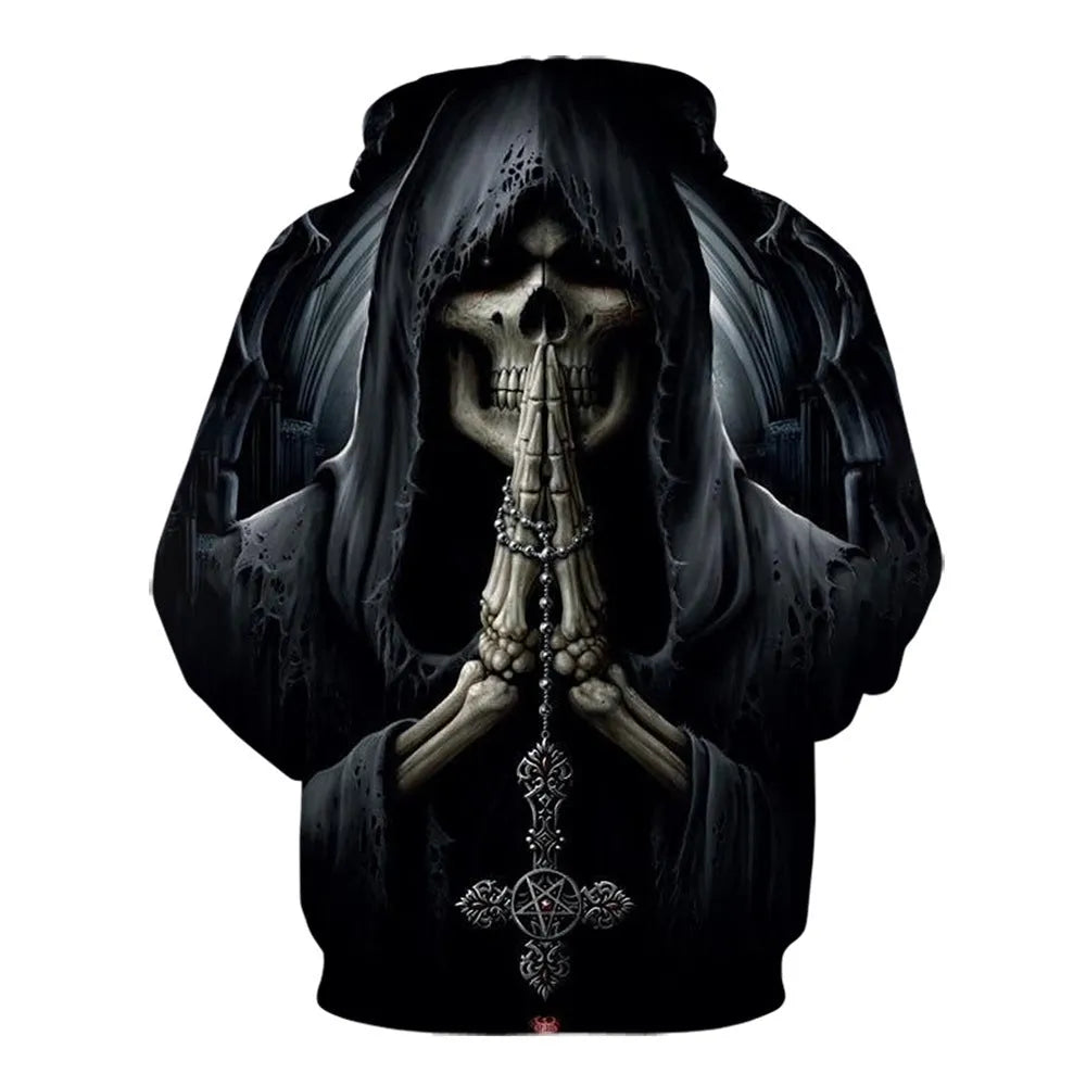 Black Gothic Skull 3D Digital Printing Men's Casual Hoodie Sweatshirt Pullover top