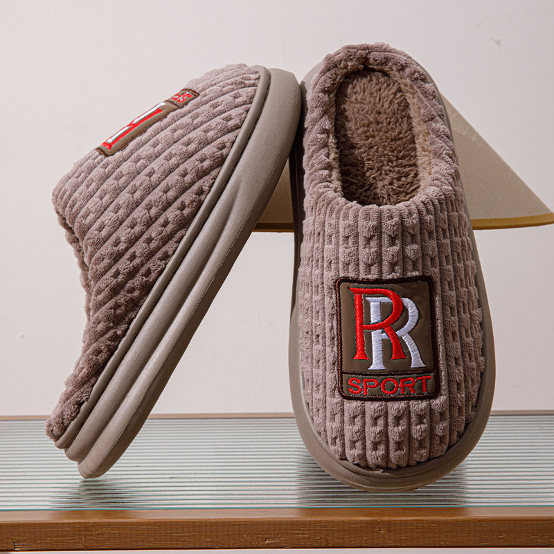 Men's Letter Plush Slippers Winter Warm Non-slip House Shoes Plus Size Indoor Bedroom Floor Home Slipper For Women