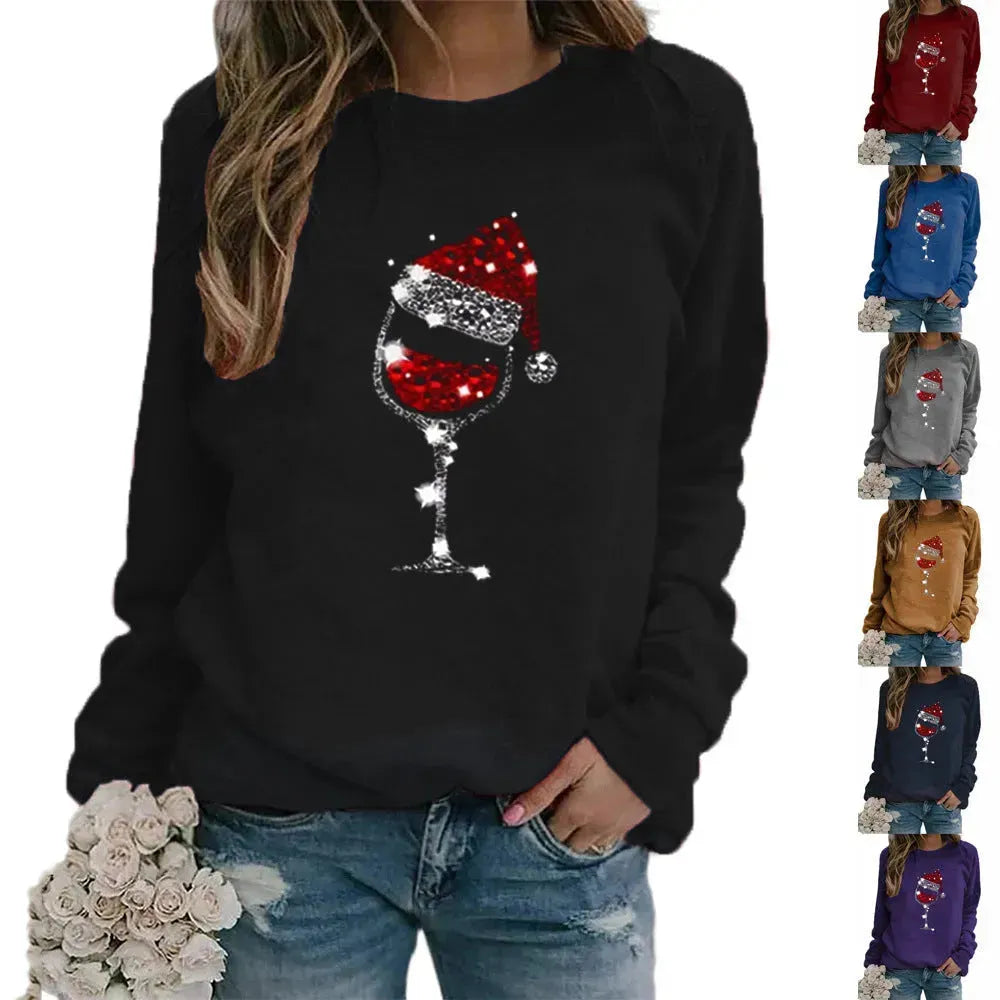 Ropa de navidad suéter para mujeres sombrero navideño de vino tinto de vino gráfico cuello de la tripulación de manga larga