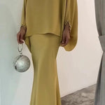 Women's Middle East Pearl Mop Dress Suit Muslim top and Blouse Elegant Matching Muslim Top and Skirt suit  Muslim 2 piece outfit