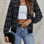 Autumn Winter Casual Long Sleeve plaid Houndstooth  zipper outwear jacket women