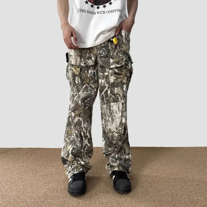 Loose Straight Tree Worn Looking Washed-out Camouflage Printed Cargo pant Men