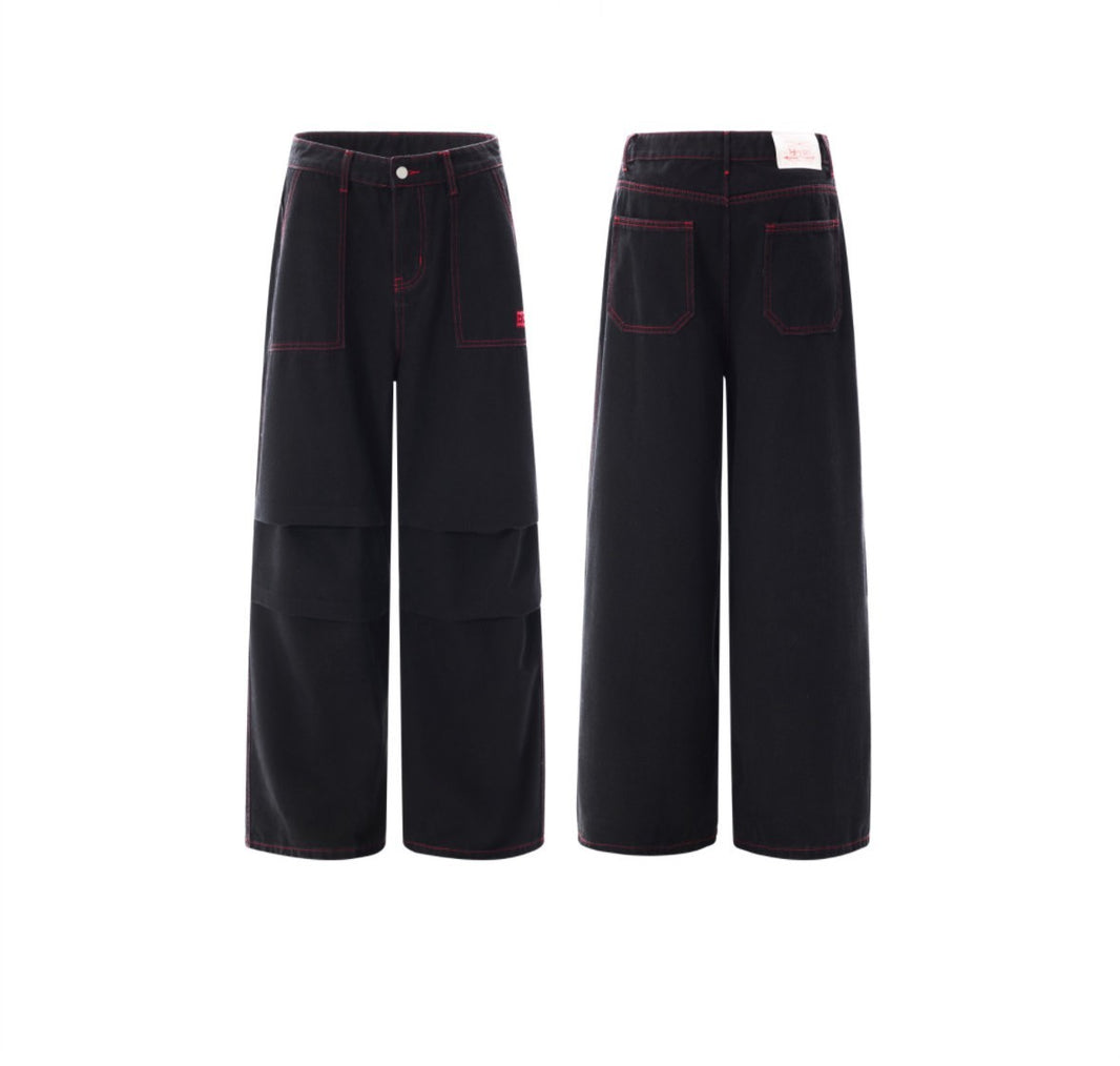 Contrasting Color Of Black And Red Workwear With Pocket Trousers