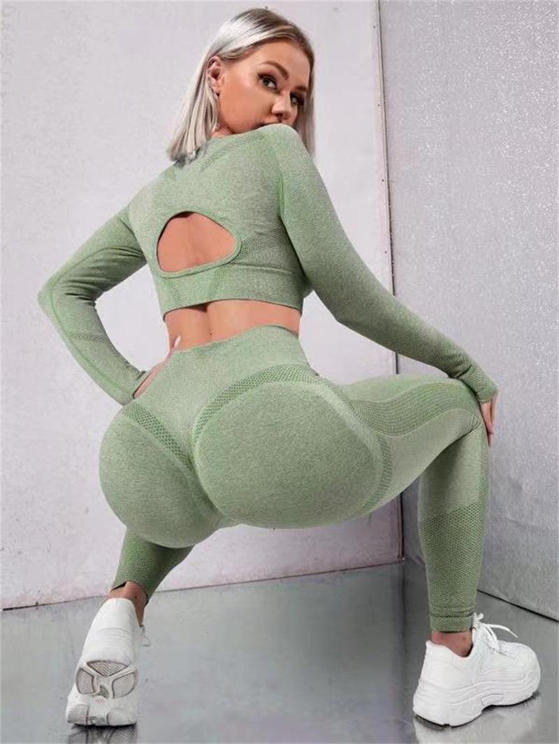 2pcs Sports Suits Long Sleeve Hollow Design Tops And Butt Lifting High Waist Seamless Fitness Leggings Sports Gym Sportswear Outfits Clothing - EX-STOCK CANADA