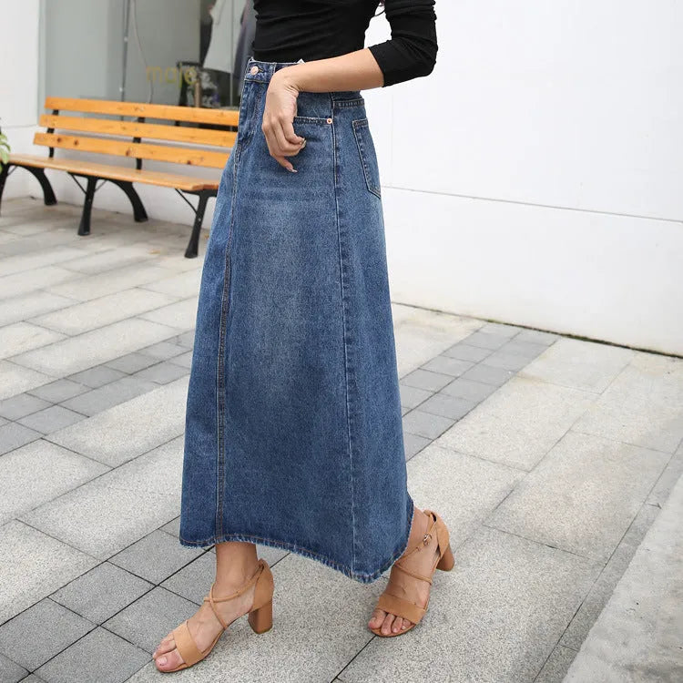 Women's Plus Size  Mid-length A- Line Denim Skirt Denim long skirt maxi jean skirt