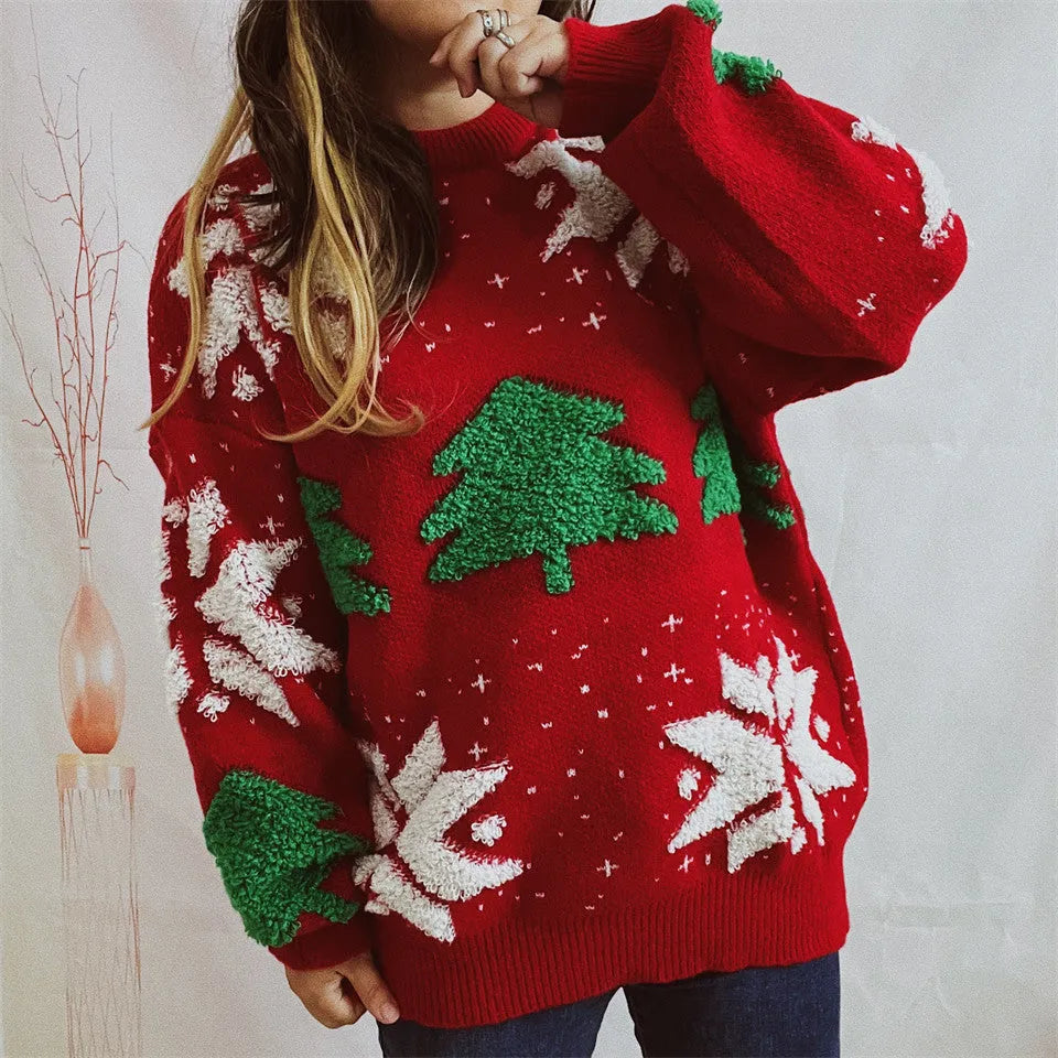 Women's Fashion Christmas Tree Jacquard Round Neck Long Sleeve Sweater