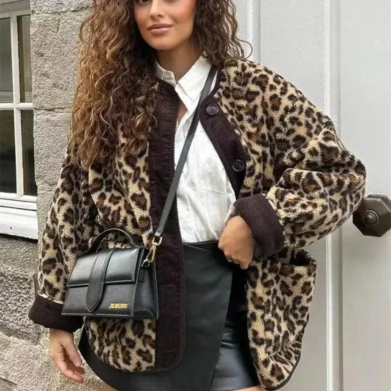 Casual Herbst Winter Leopard Button Fleece Plüsch -Strickjacke für Frauen