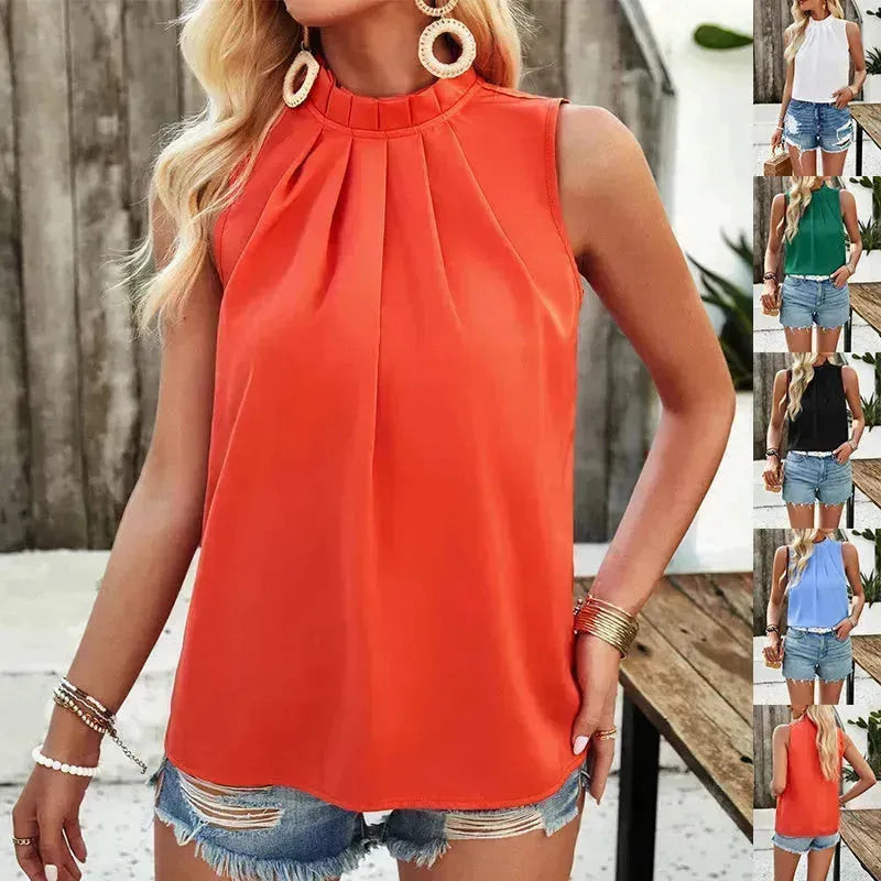 Fashion Sleeveless Top Summer Elegant Pleated  Halter Neck Top for Women Classy High Neck Top