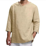 Loose Casual V-neck Top Cotton And Linen Long Sleeve Pullover Shirt Men's Shirt Top