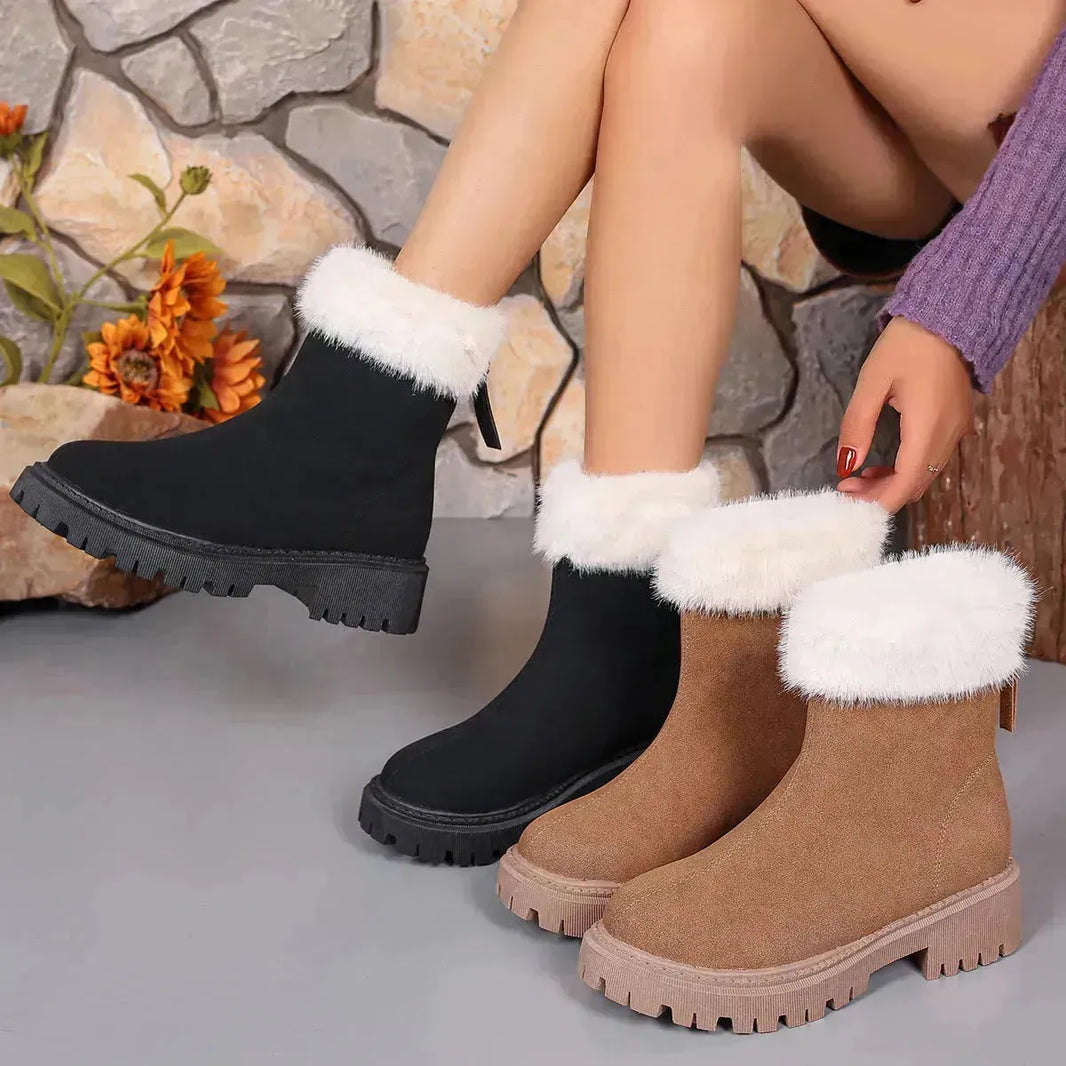 Botas de nieve de tacón cuadrado Invierno más plataforma de terciopelo zapatos de felpa moda caliente de bota media no deslizante para mujeres para mujeres