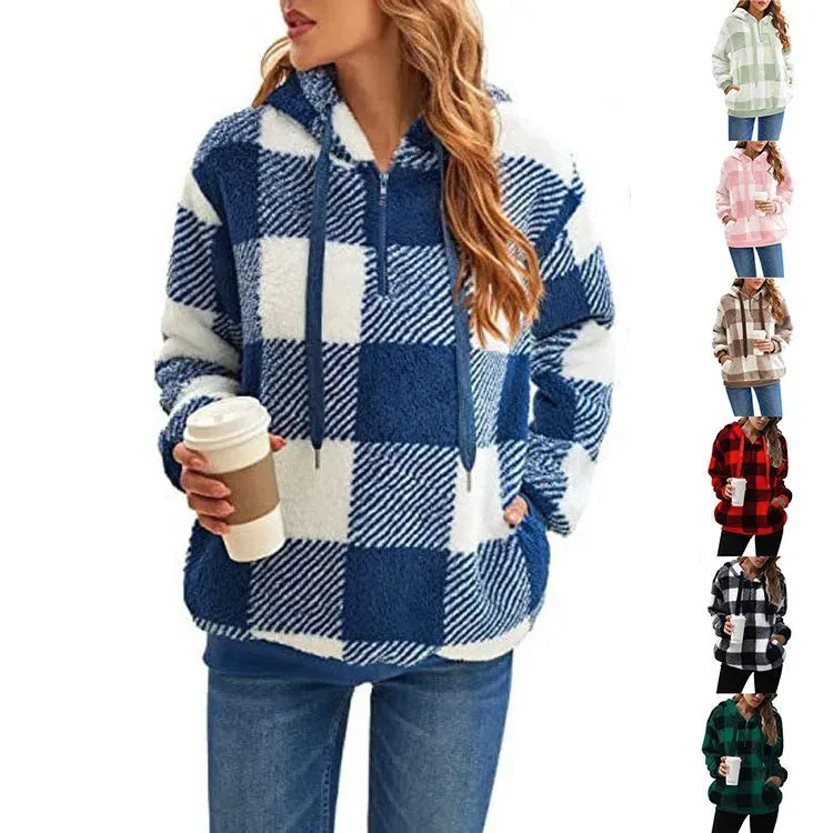 Casual Thick Fleece Plush half zip Plaid Hoodie Pullover top for women